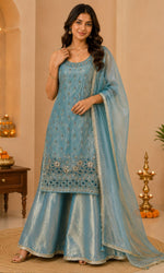 Blue Embroidered Palazzo Sharara Set