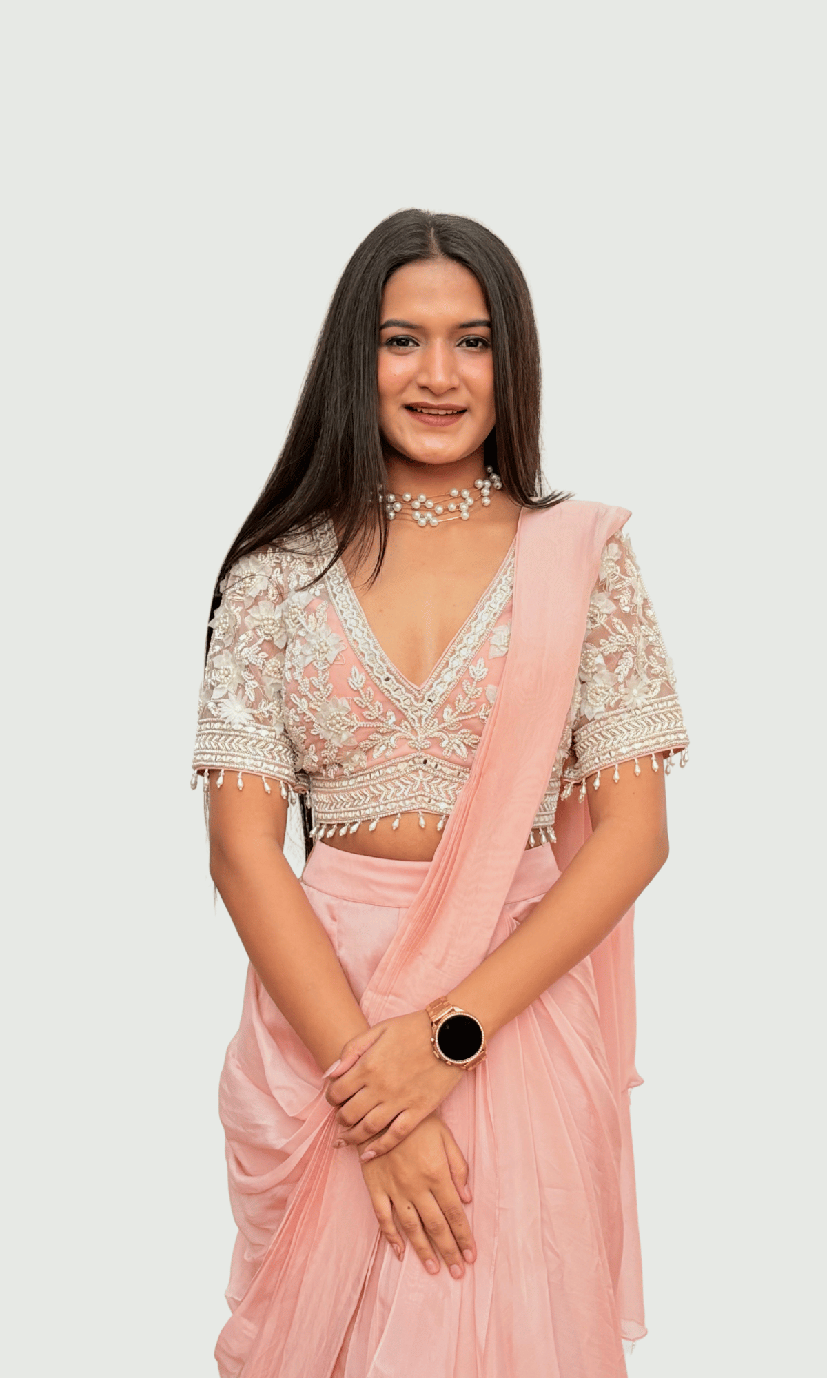 Blush Pink Organza Ruffle Saree with Embroidered Blouse