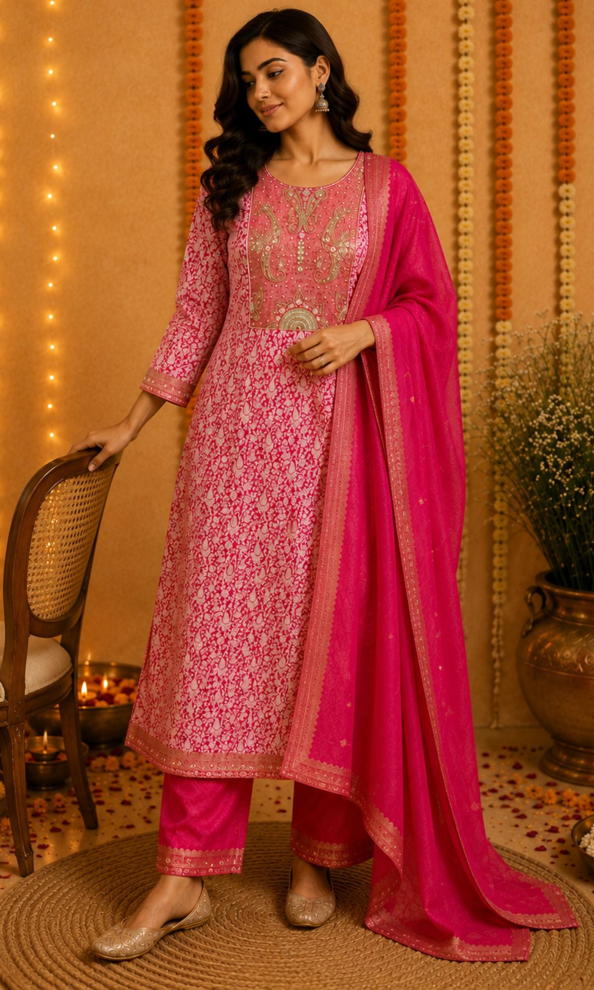 Magenta Pink Banarsi Kurta Set