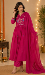 Magenta Pink Floral Embroidered Anarkali Kurta Set