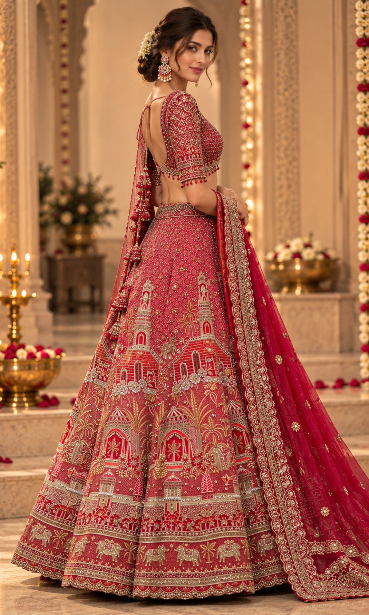 Bridal Red Motif Embroidered Lehenga