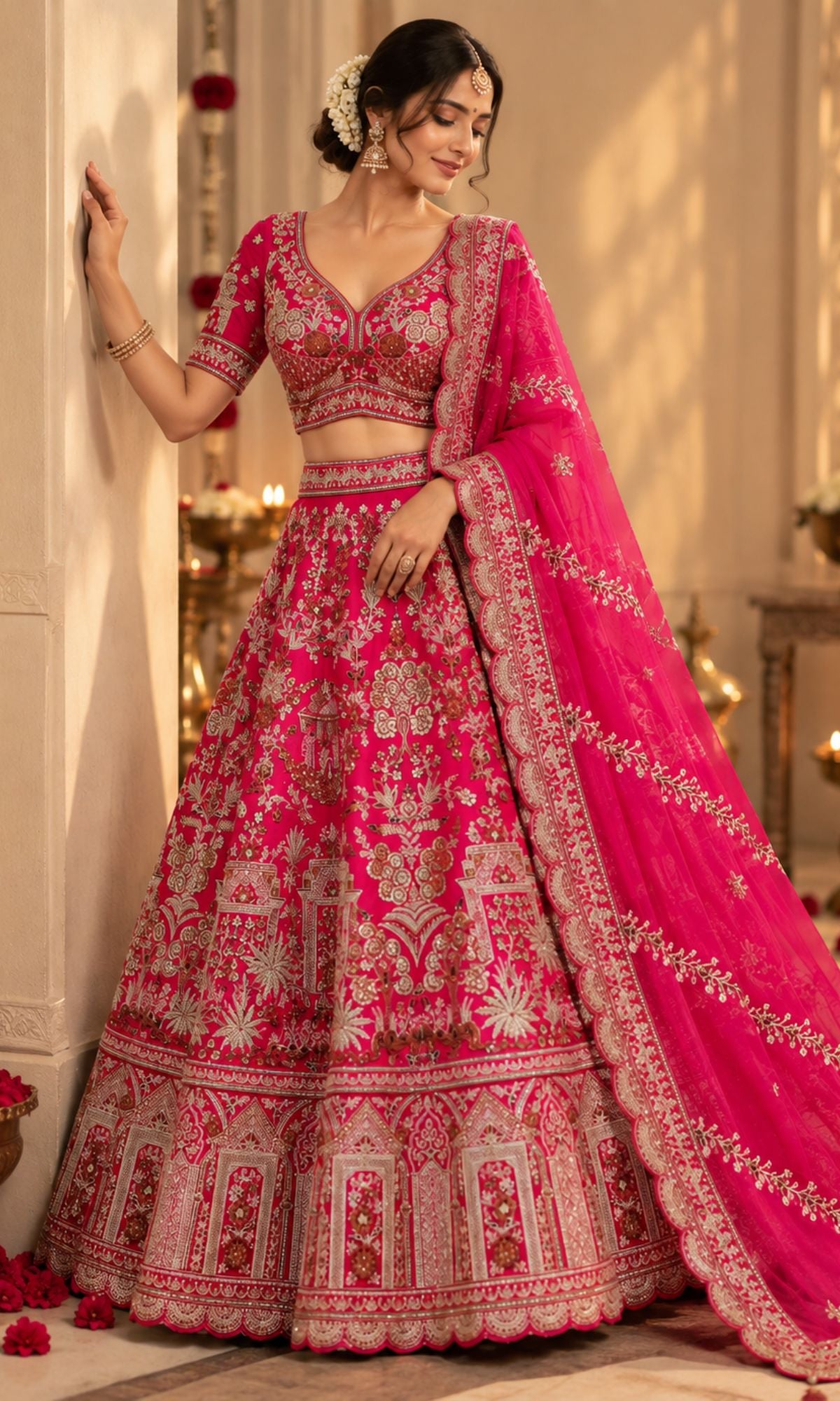 Pink Bridal Lehenga with Heavy Floral & Ornamental Embroidery