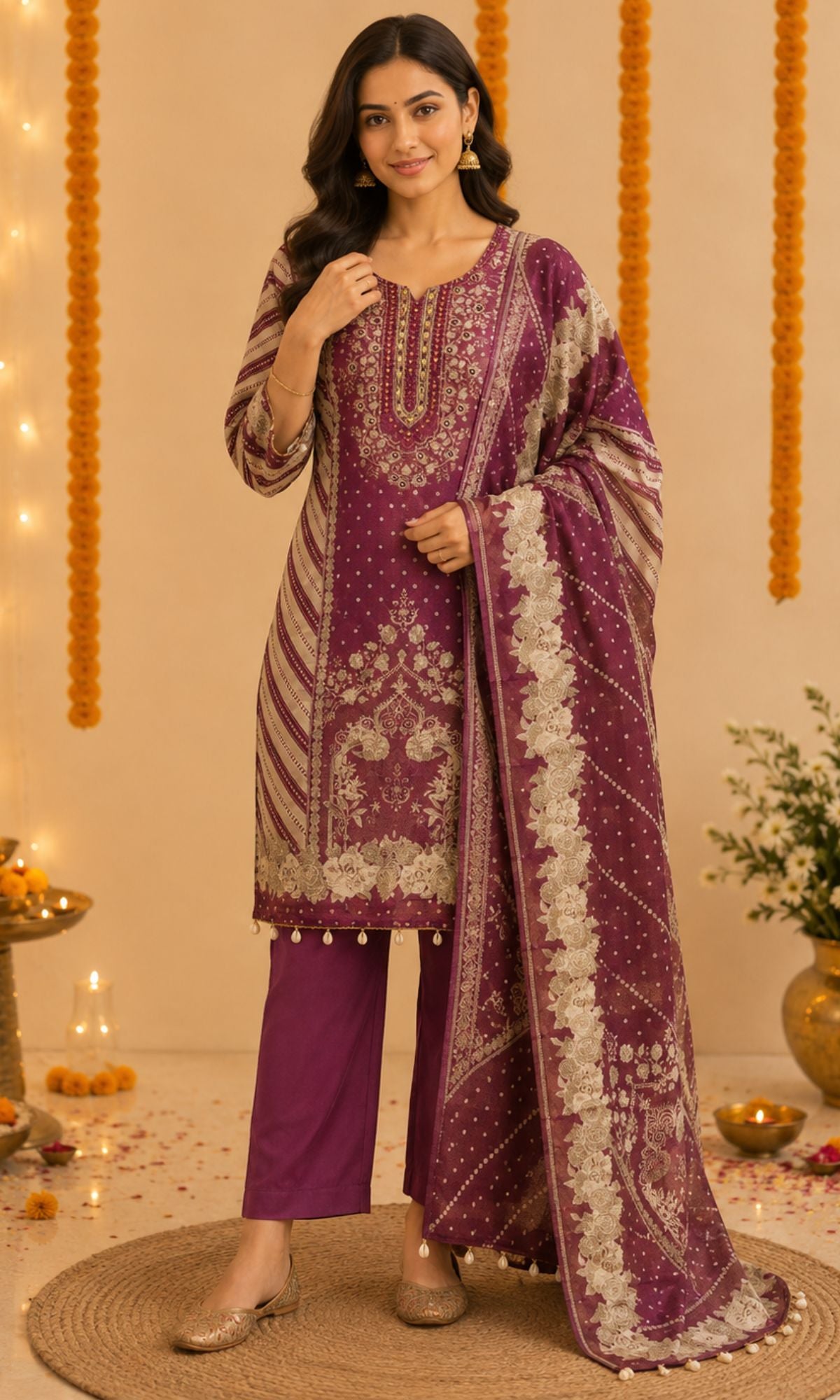 Wine Embellished Kurta Set