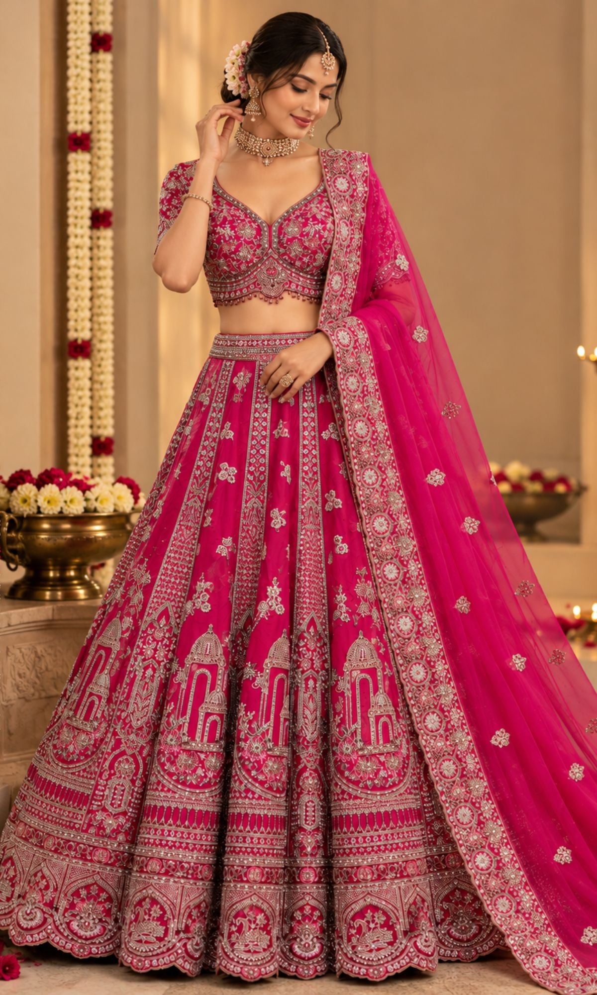 Rani Pink Bridal Lehenga with Intricate Embroidery & Embellished Dupatta