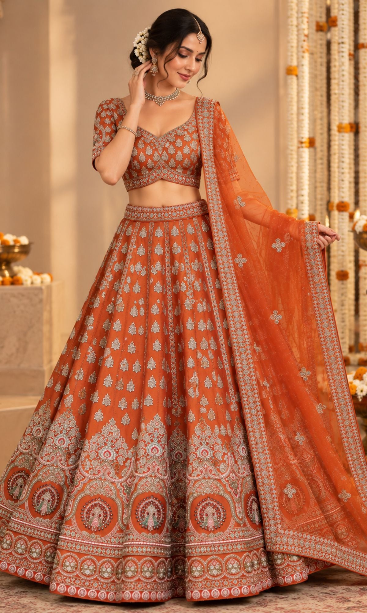 Orange Bridal Lehenga with Silver Embroidery & Embellished Dupatta