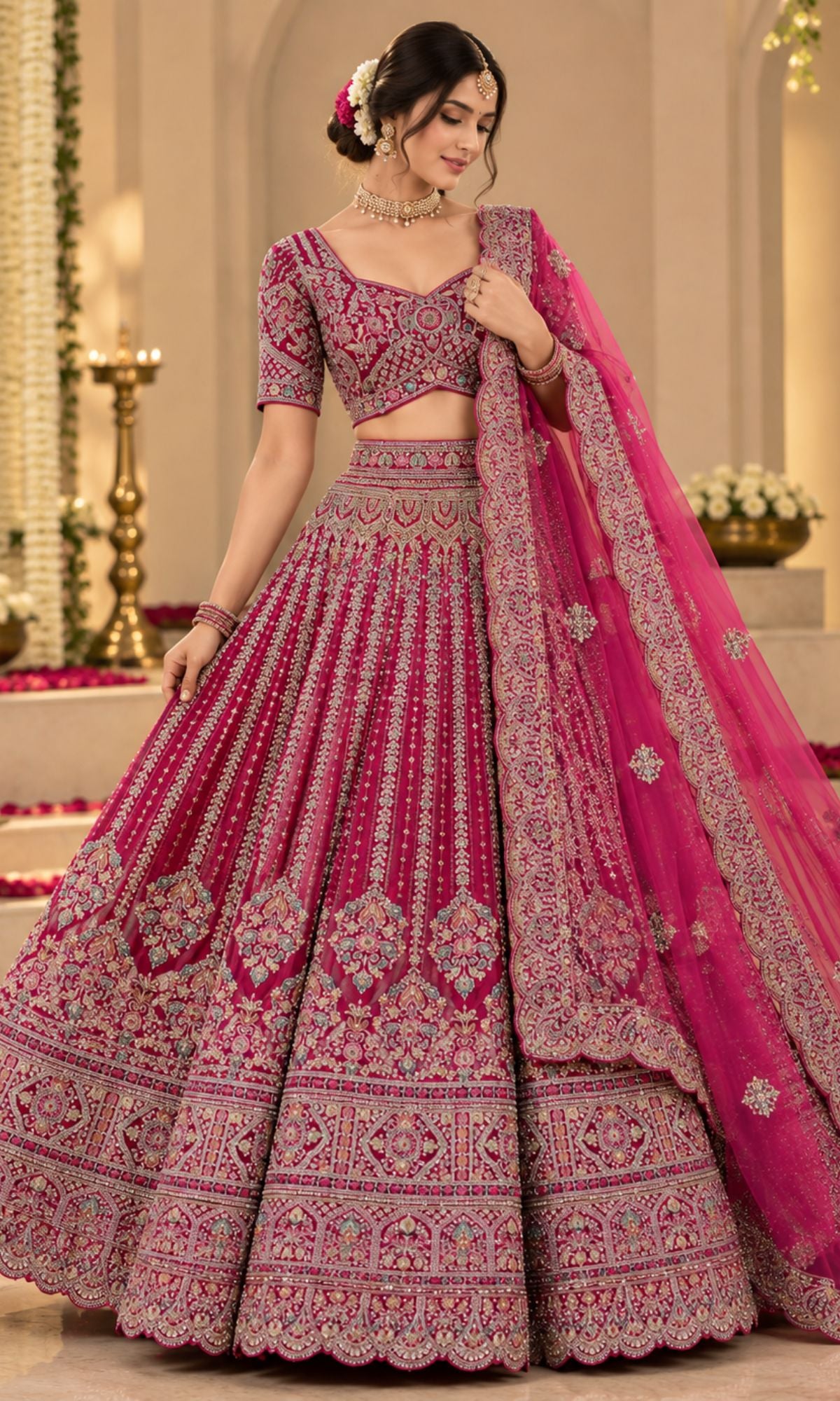 Pink Heavy Embroidered Bridal Lehenga with Blouse & Dupatta