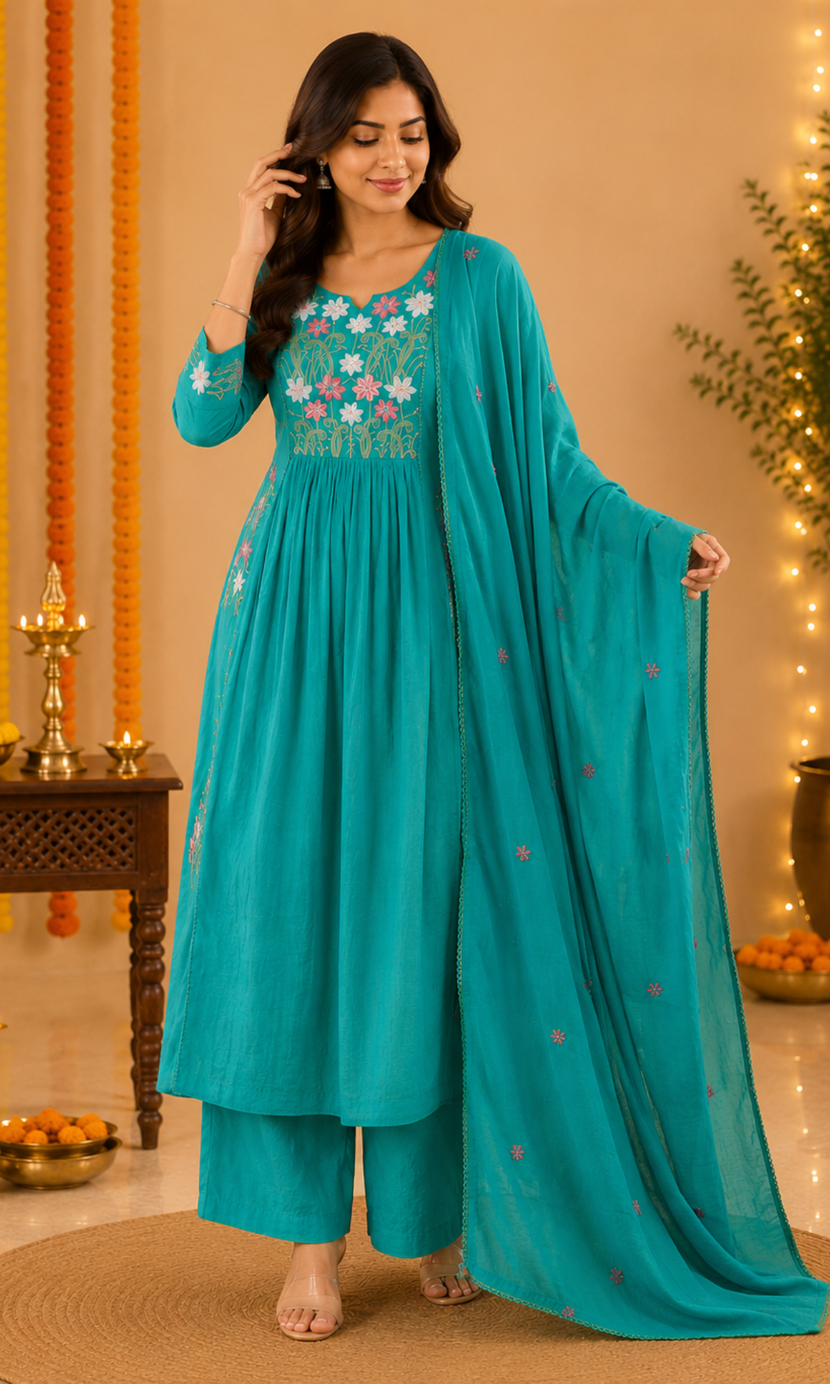 Teal Blue Floral Embroidered Anarkali Kurta Set