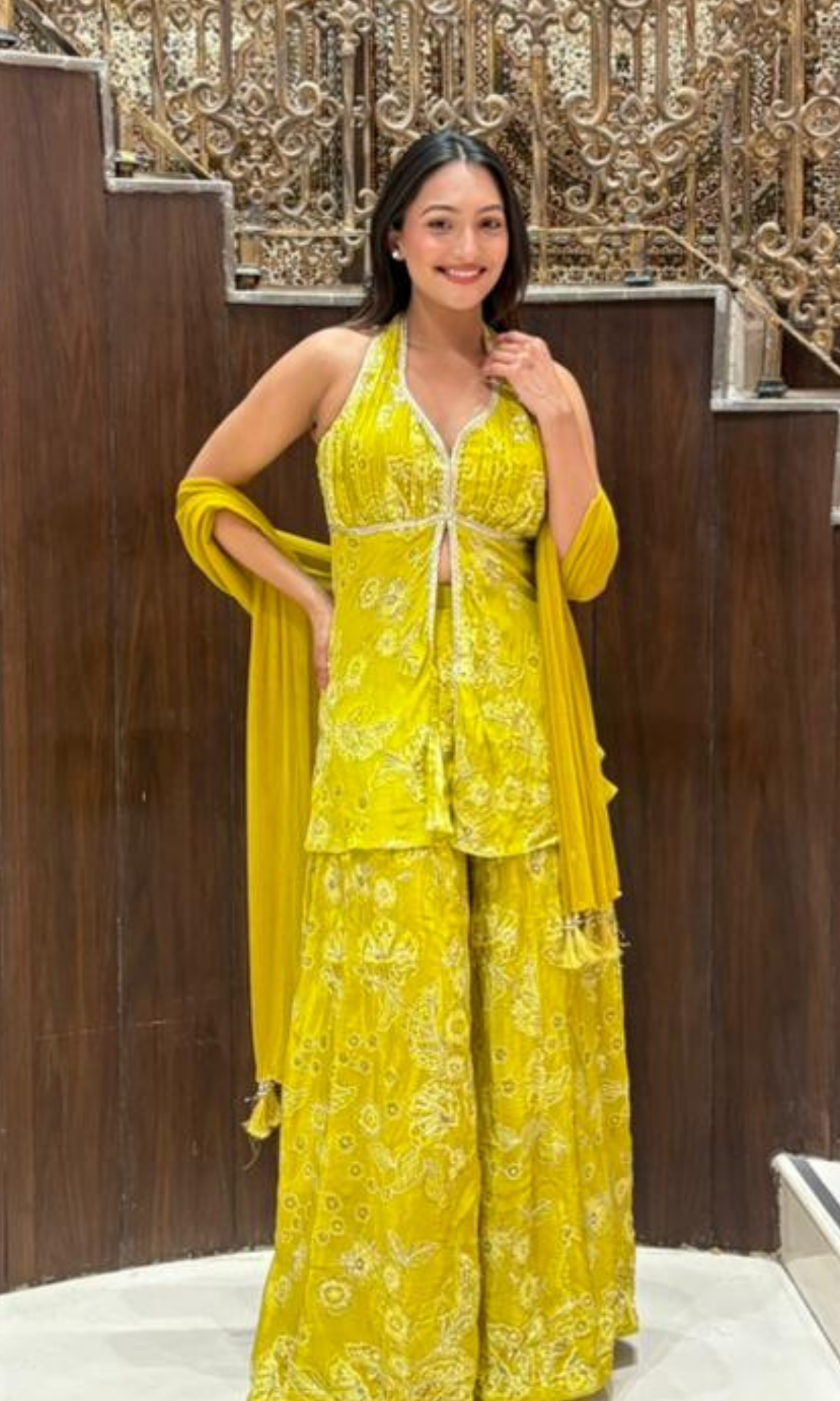 Lemon Yellow Sharara Set With Halter Top