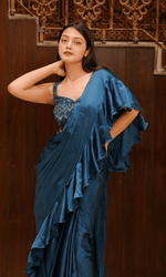 Teal Blue Satin Ruffle Saree with Embroidered Blouse