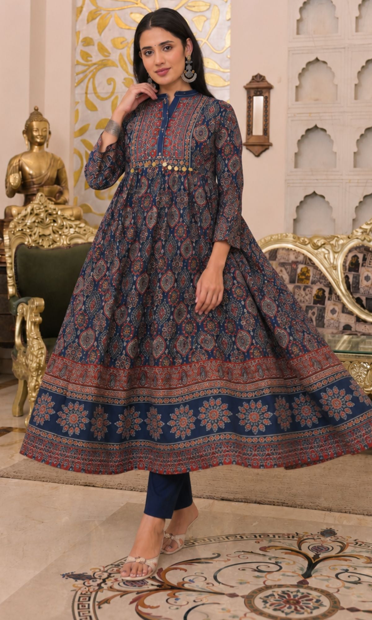 Navy Blue Ajrakh Printed Anarkali Kurta Set