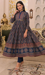 Navy Blue Ajrakh Printed Anarkali Kurta Set