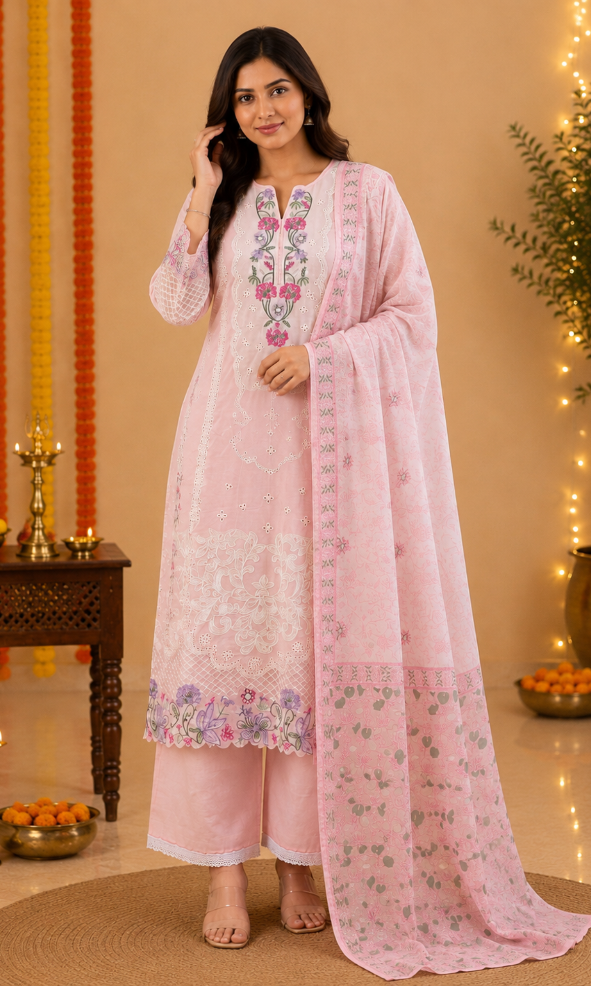 Pink Floral Embroidered Kurta Set