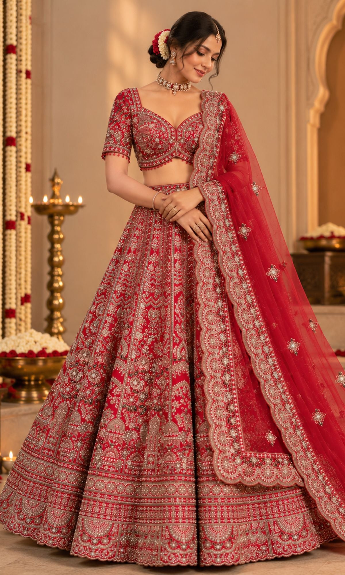 Red Bridal Lehenga with Heavy Floral Embroidery & Scalloped Dupatta