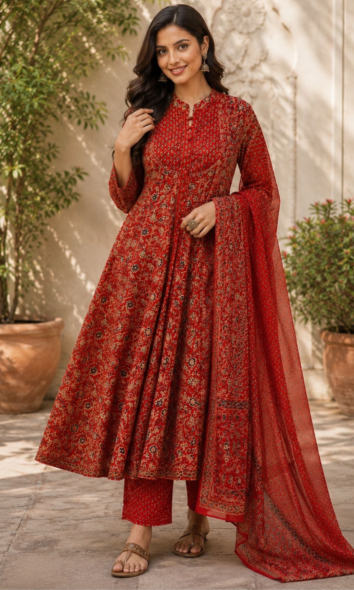 Rust Red Ajrakh Printed Anarkali Kurta Set