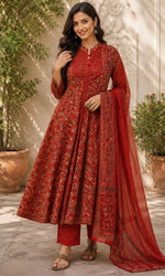 Rust Red Ajrakh Printed Anarkali Kurta Set