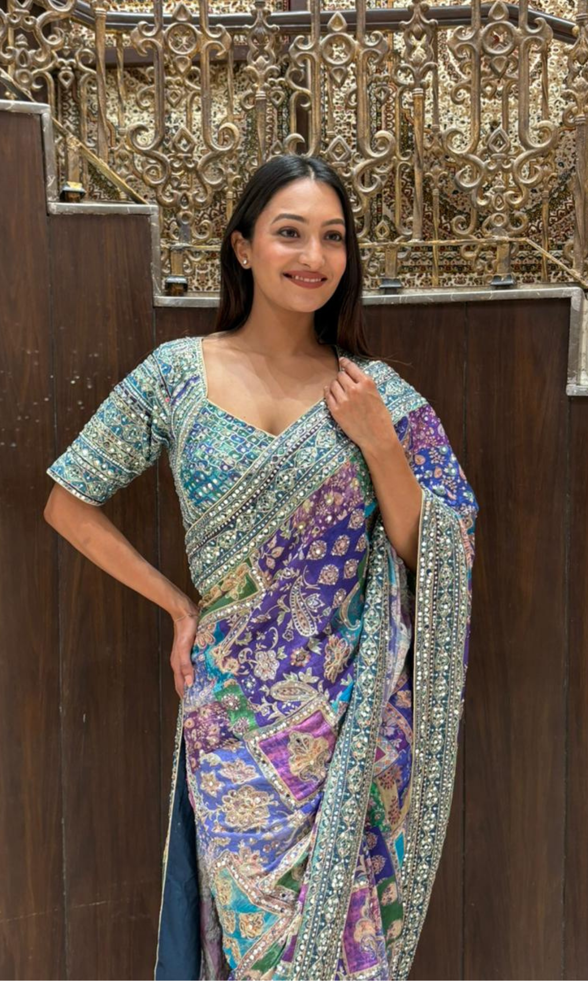 Blue Printed Saree with Stitched Embriodered Blouse