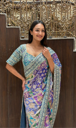 Blue Printed Saree with Stitched Embriodered Blouse