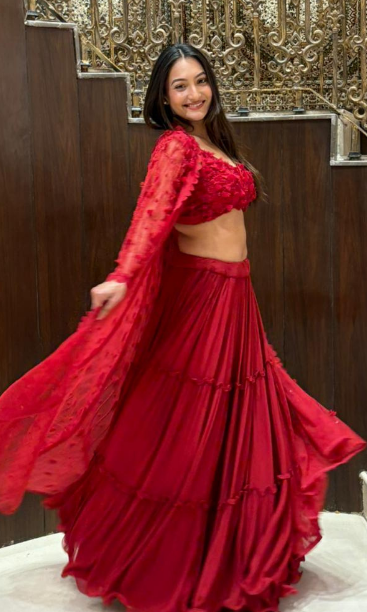 Red layered Skirt Set with Jacket