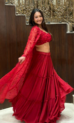 Red layered Skirt Set with Jacket