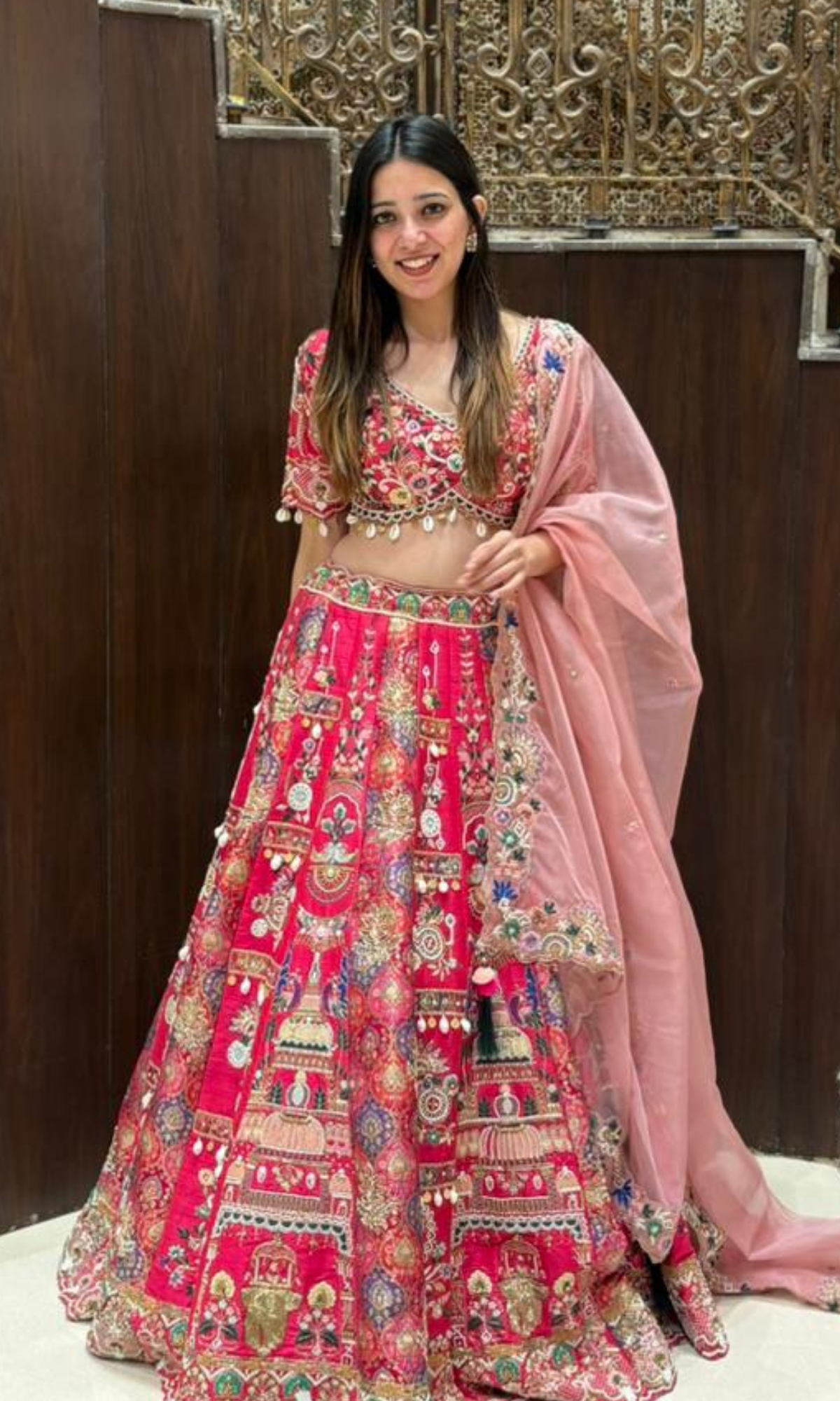 Magenta Pink Embellished lehenga with Stitched blouse