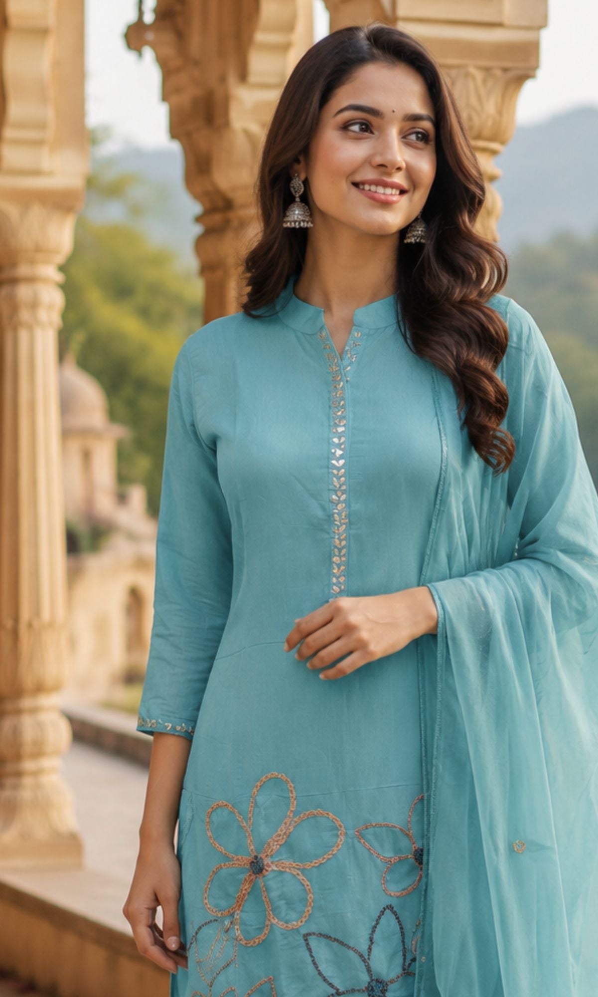 Sky Blue Floral Embroidered Kurta Set