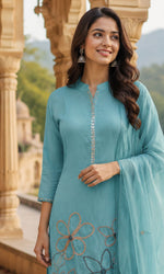 Sky Blue Floral Embroidered Kurta Set