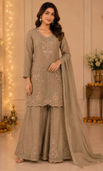 Brown Embroidered Palazzo Sharara Set