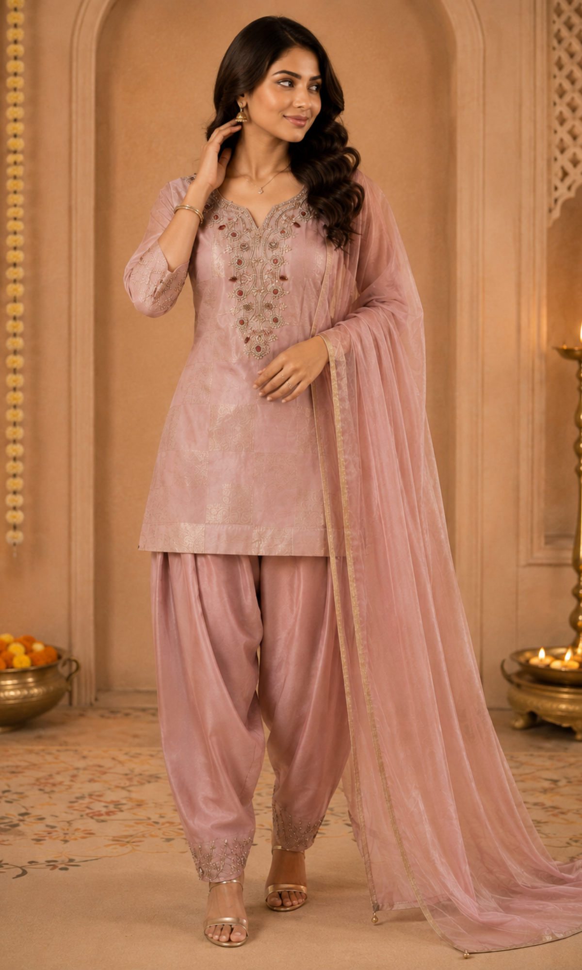 Pink Embroidered Farsi Salwar Sharara Set