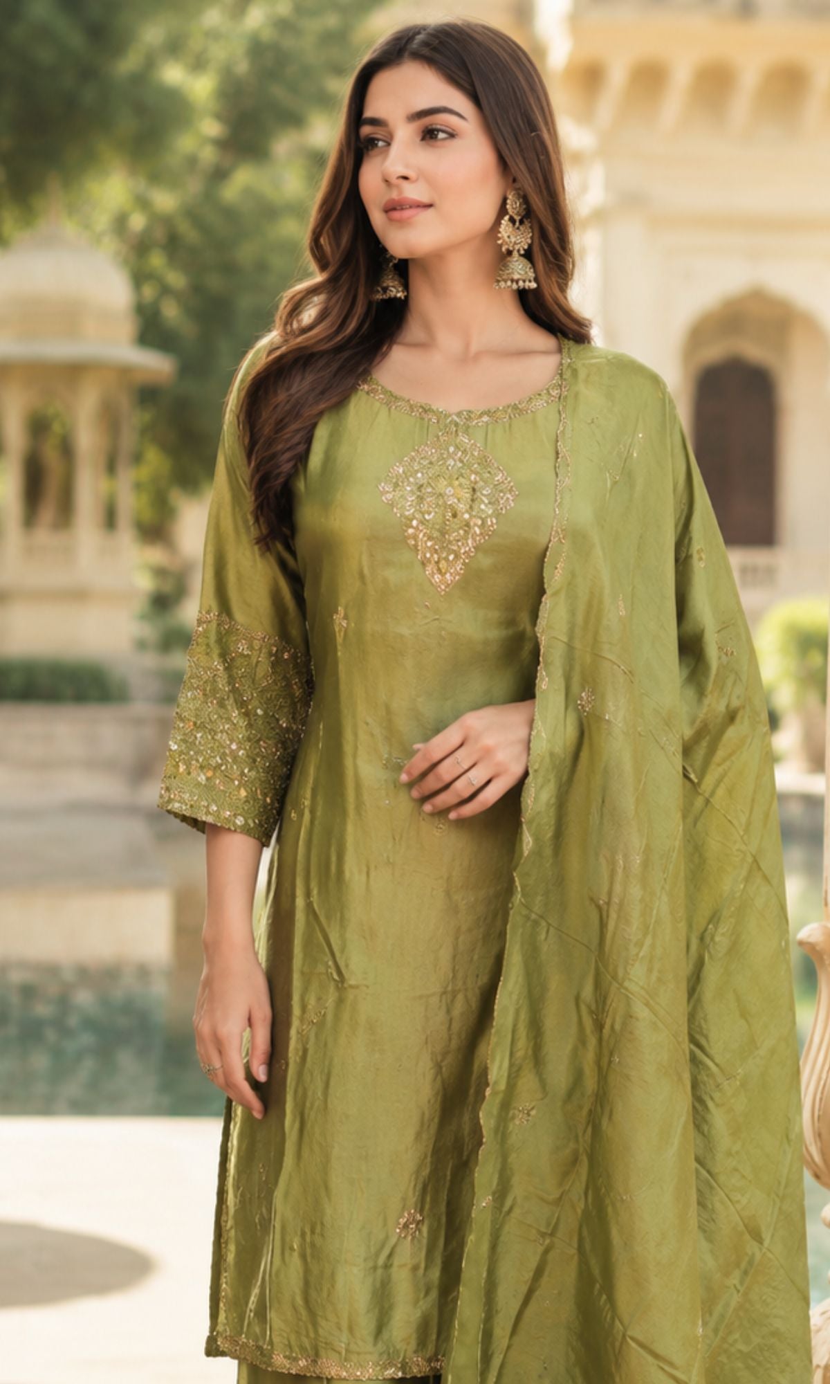 Olive Green EmbroideredKurta Set