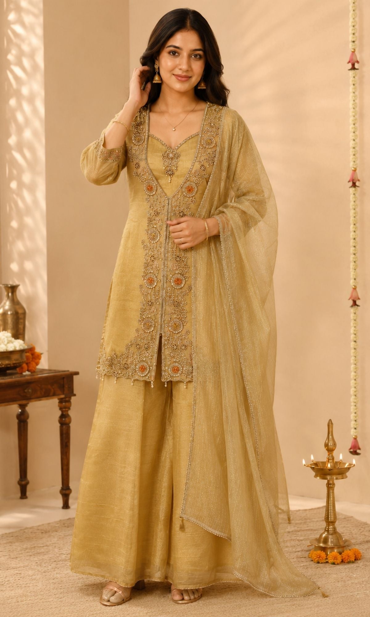 Gold Embroidered Palazzo Sharara Set