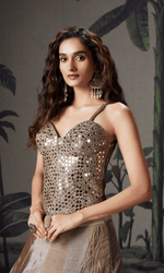 Champagne Gold Silk Lehenga With Mirror Work Corset Blouse