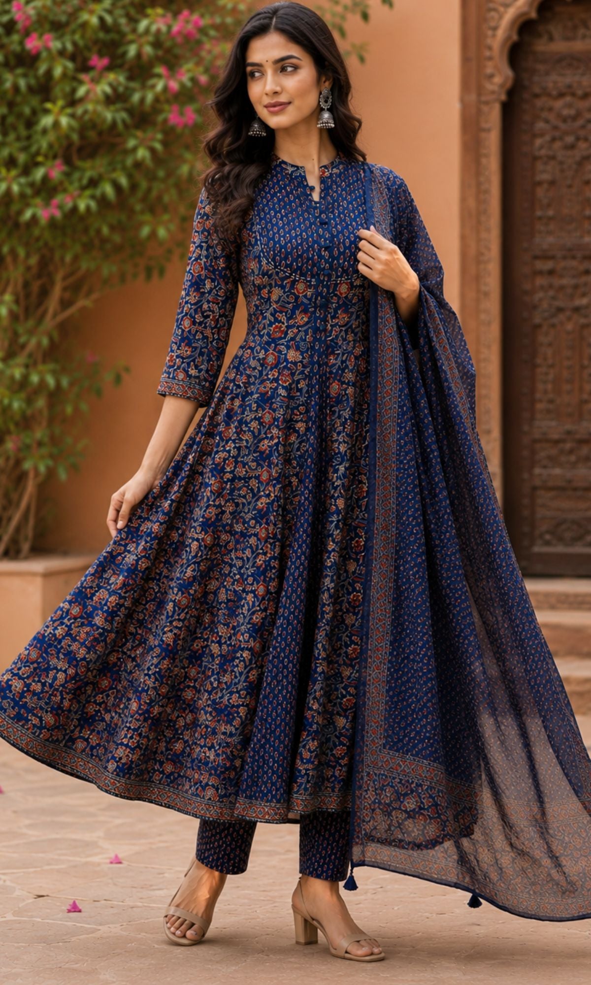 Navy Blue Printed Anarkali Kurta Set