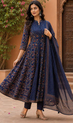 Navy Blue Printed Anarkali Kurta Set