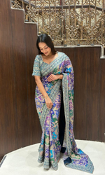 Blue Printed Saree with Stitched Embriodered Blouse