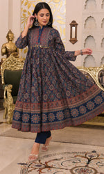 Navy Blue Ajrakh Printed Anarkali Kurta Set