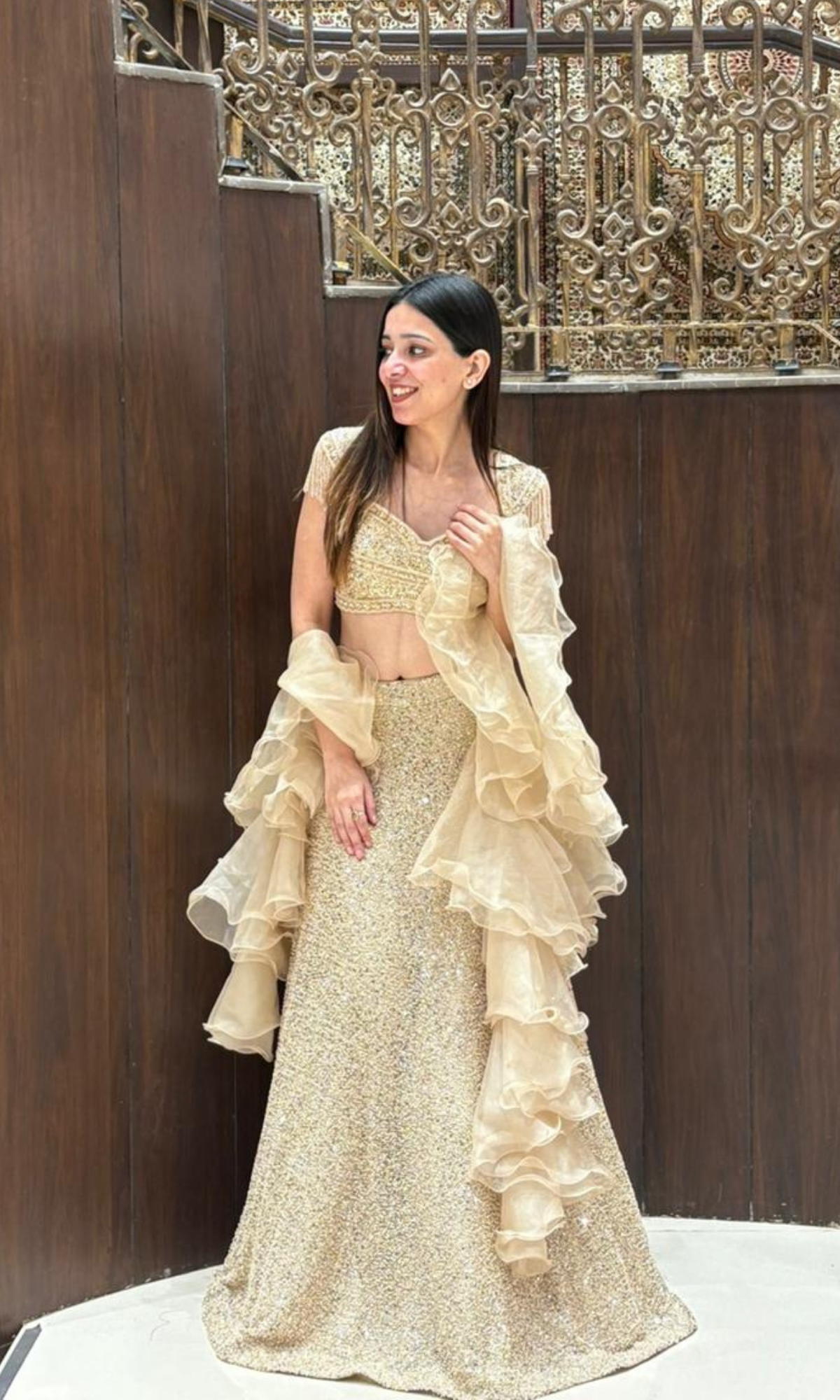 Gold Shimmer Lehenga with Stiched Blouse and Ruffle Dupatta