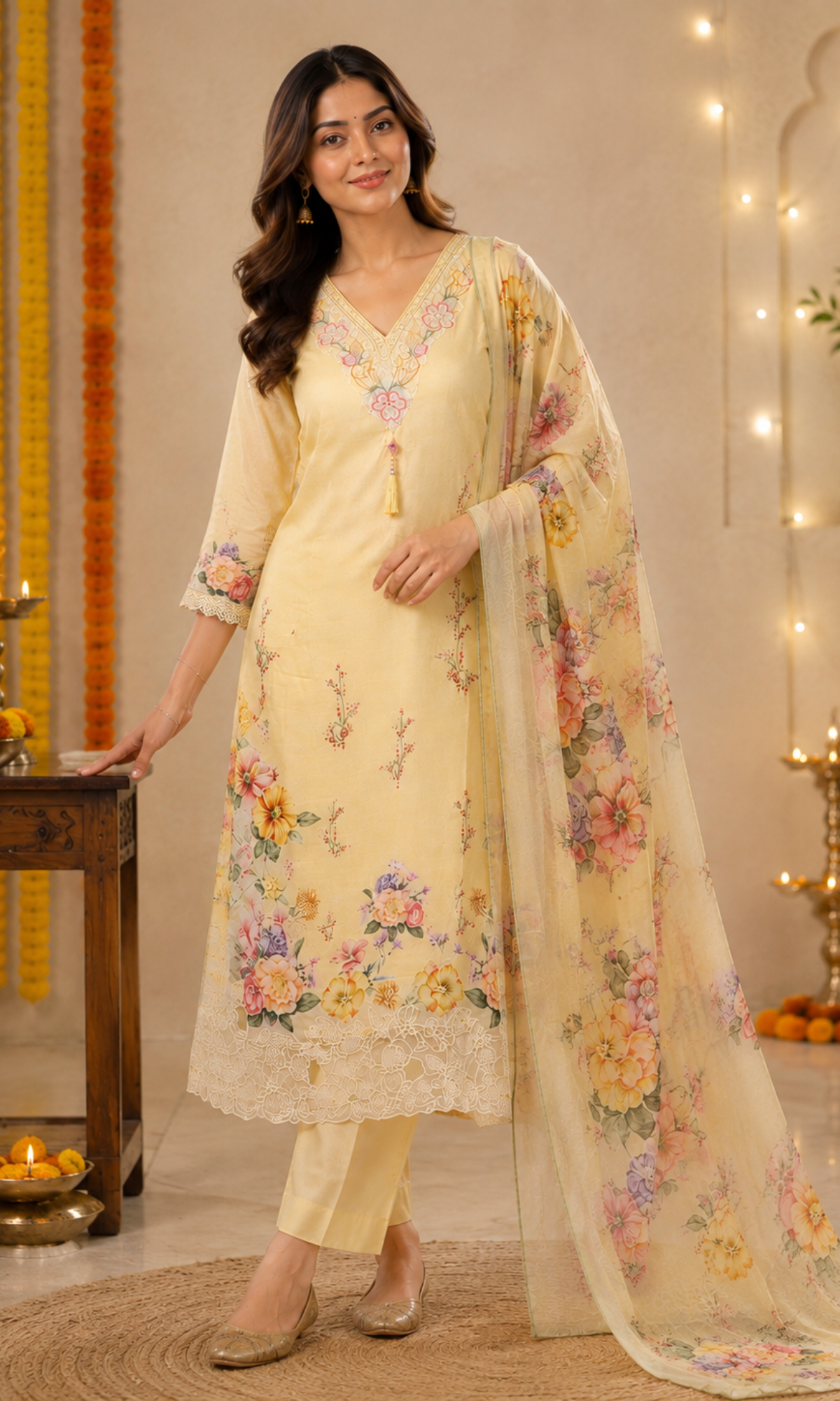 Yellow Floral Printed Kurta Set