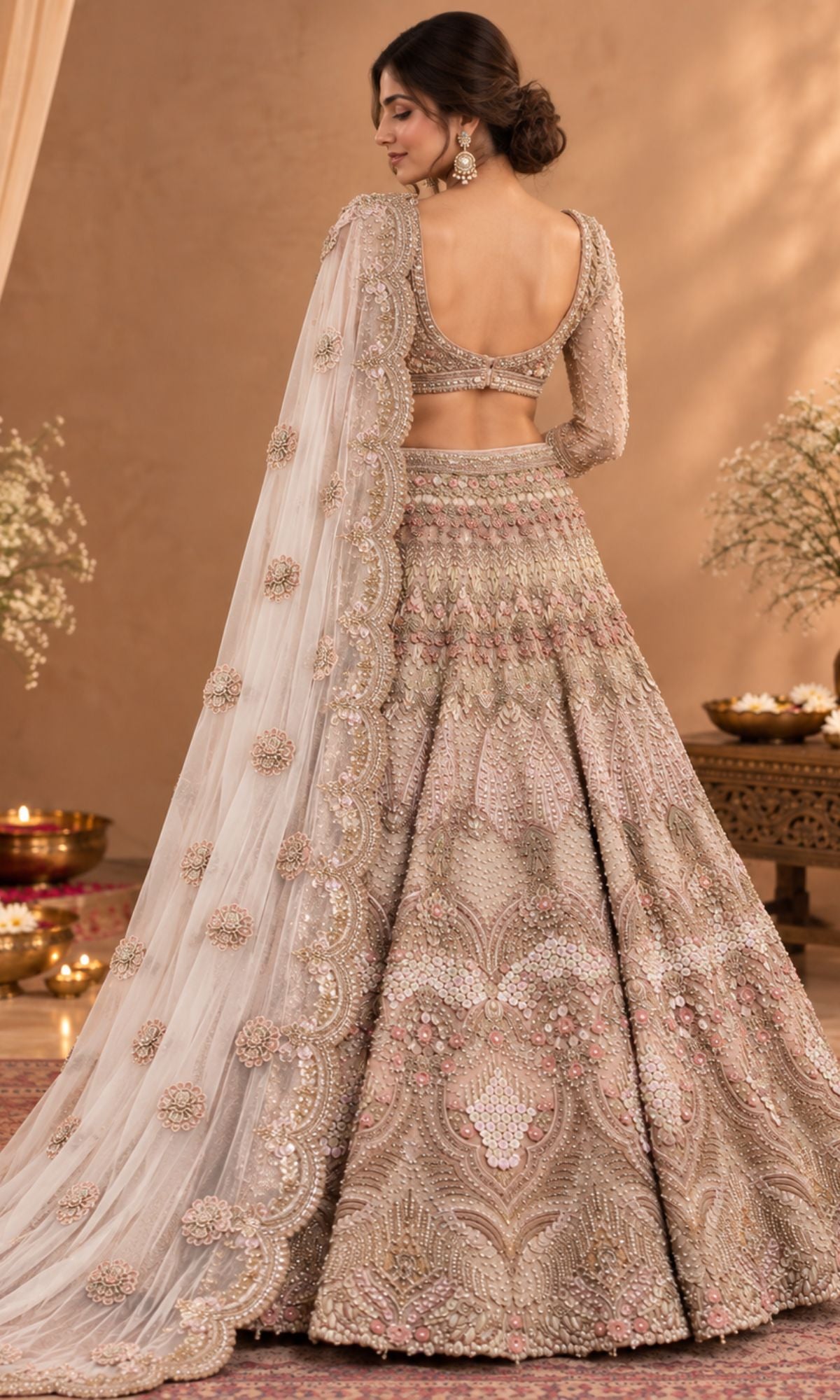 Champagne Blush Embroidered Bridal Lehenga