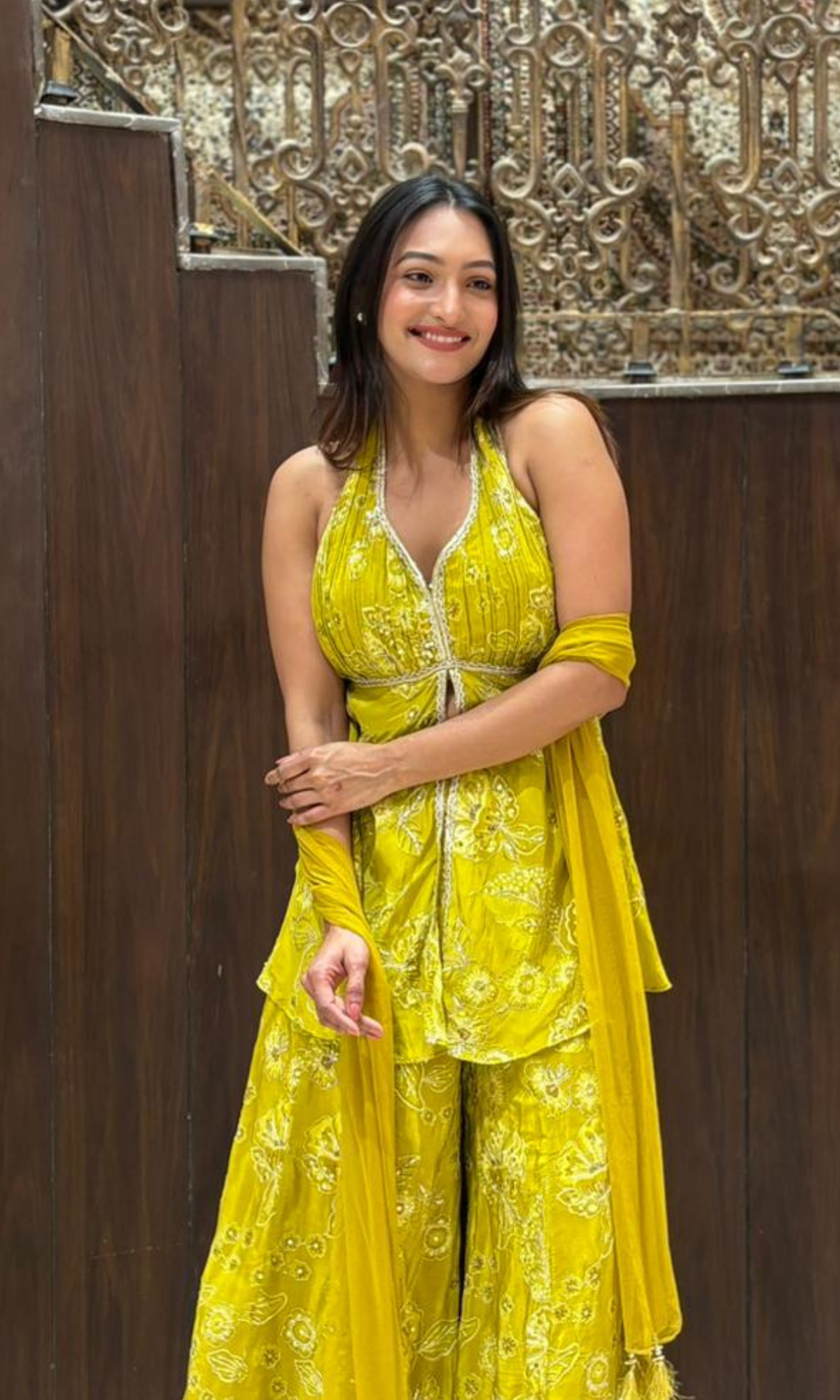 Lemon Yellow Sharara Set With Halter Top