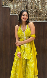 Lemon Yellow Sharara Set With Halter Top