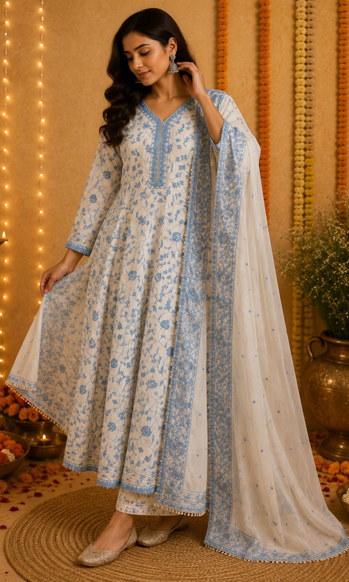 White & Blue Threadwork Anarkali Kurta Set