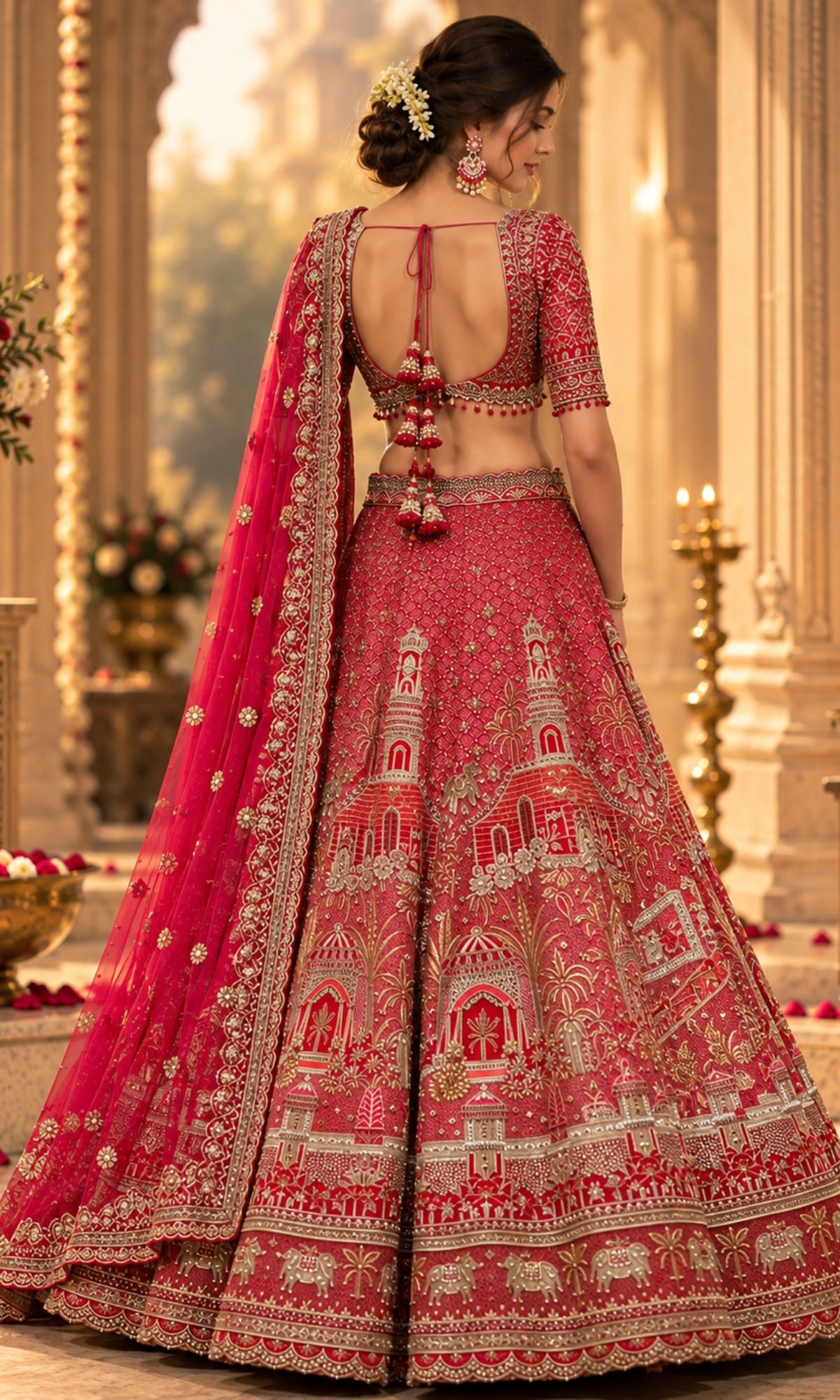 Bridal Red Motif Embroidered Lehenga