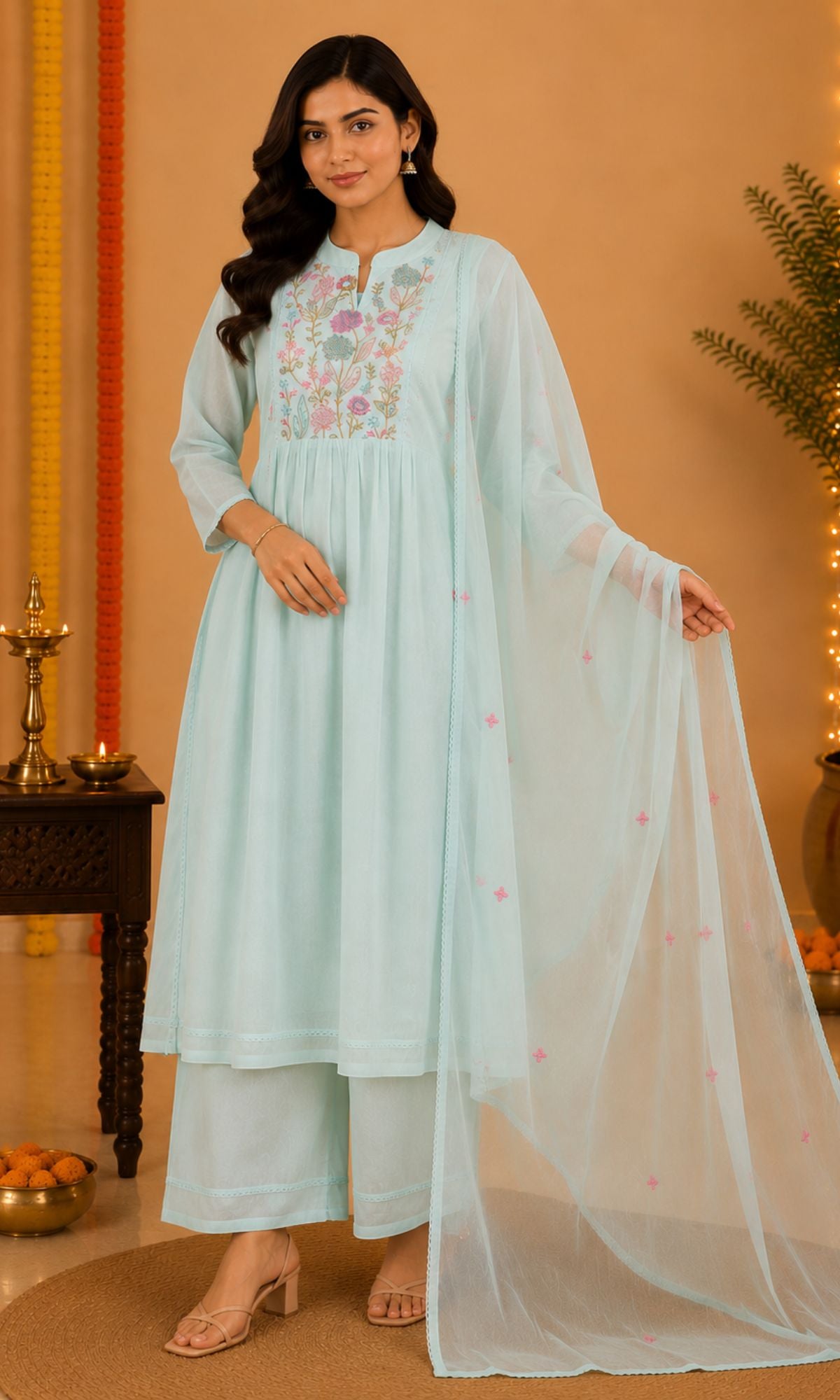 Sky blue Floral Embroidered Anarkali Kurta Set