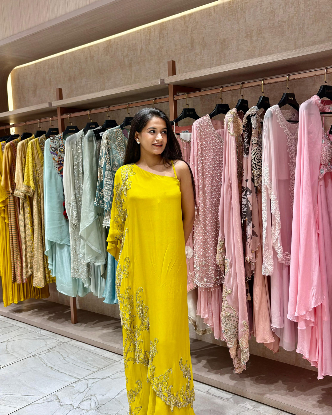 One Shoulder Yellow Embroidered Co-Ord Set