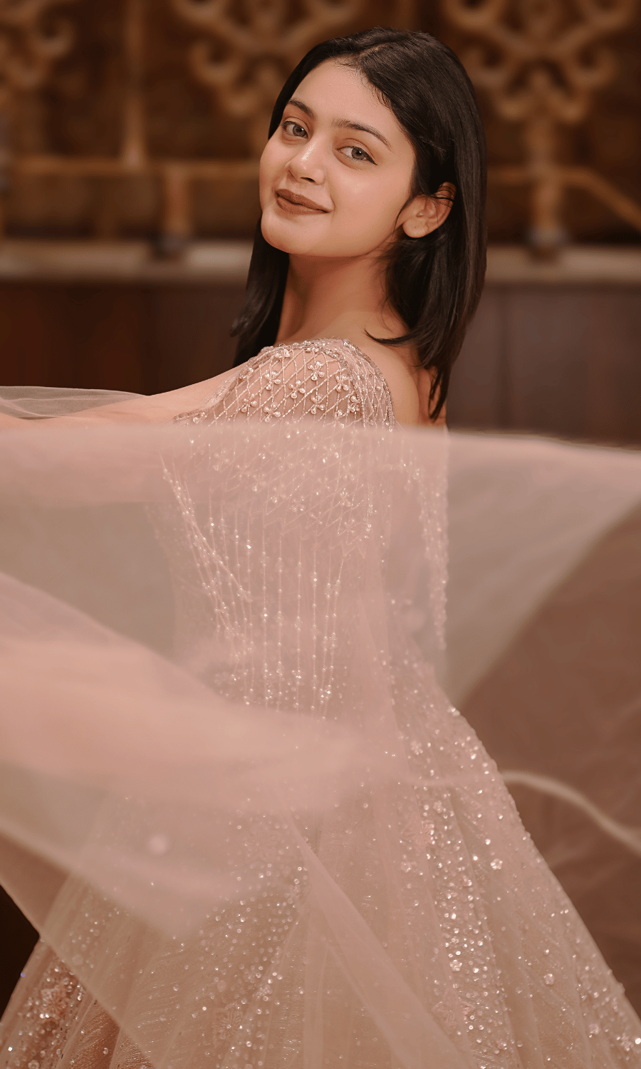 Pink Sequenced Gown With Flarred Sleeves