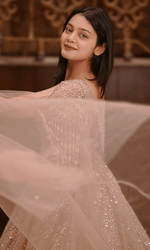 Pink Sequenced Gown With Flarred Sleeves