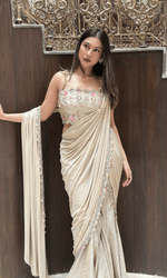Soft Gold Satin Saree With Floral Embroidered Blouse