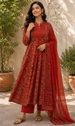 Rust Red Ajrakh Printed Anarkali Kurta Set
