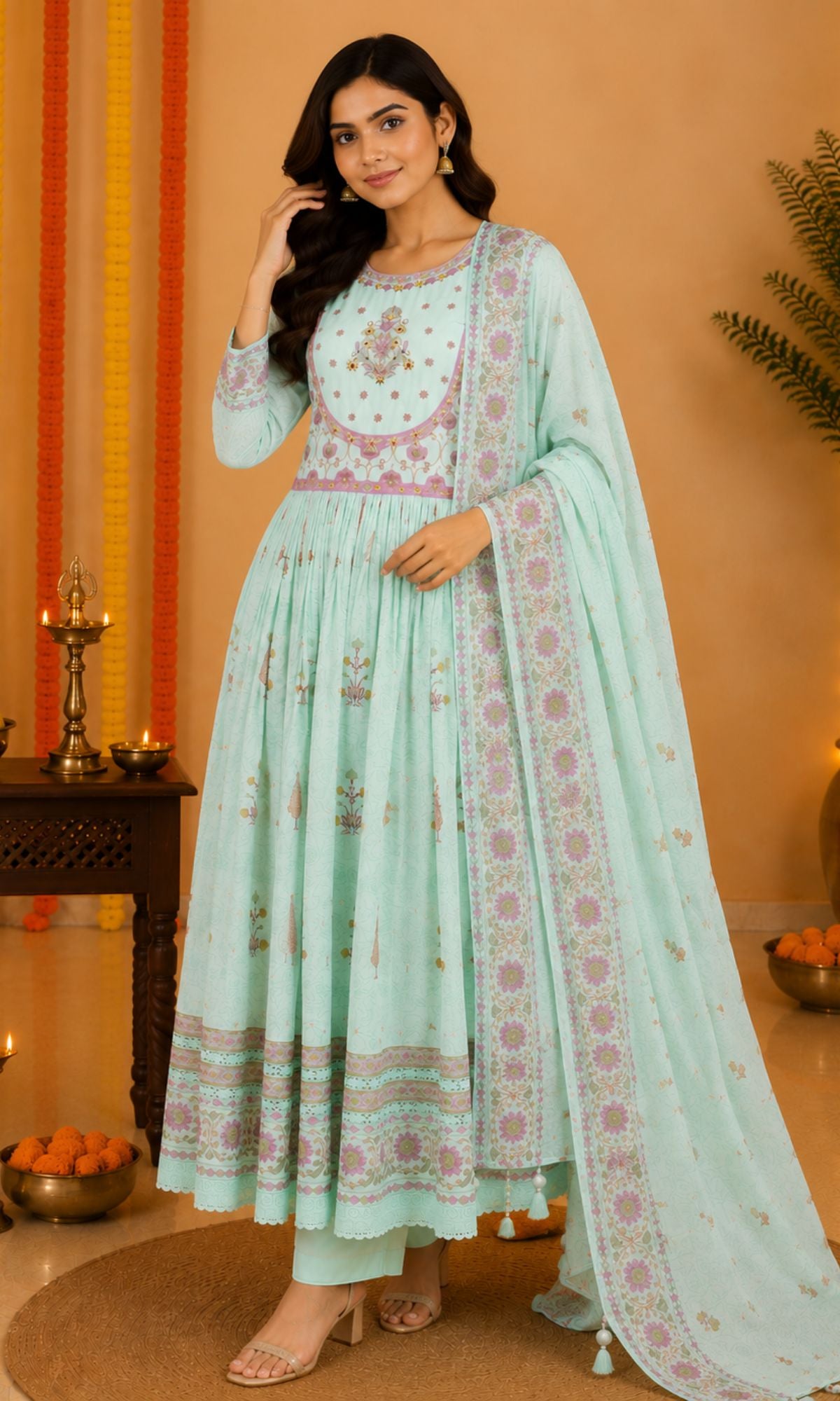 SkyBlue Floral Printed Anarkali Kurta Set