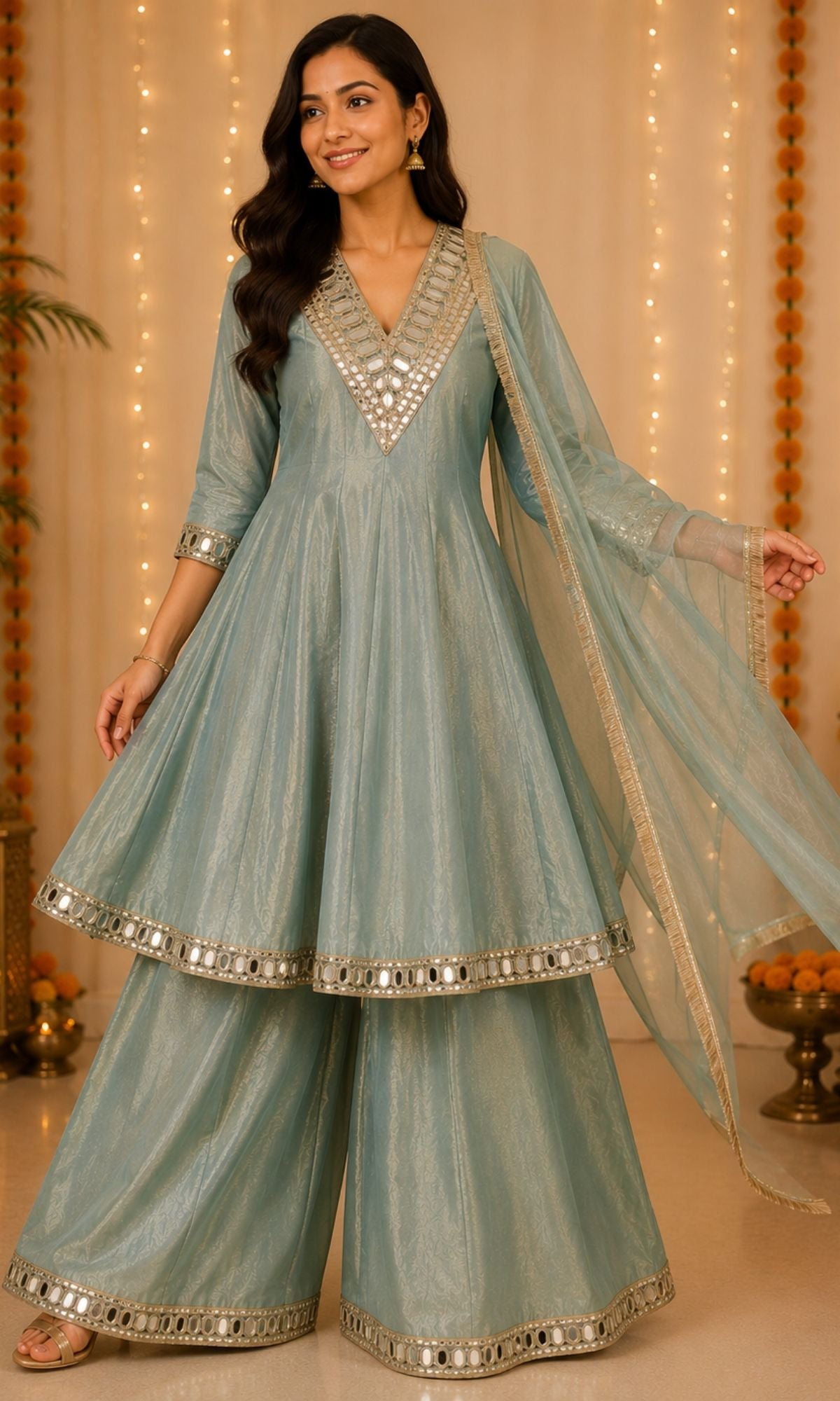 Blue Mirrior Work Palazzo Sharara Set